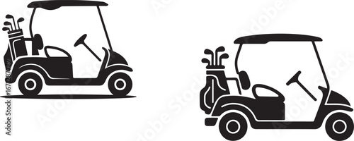 Two black and white golf carts with golf bags on white background