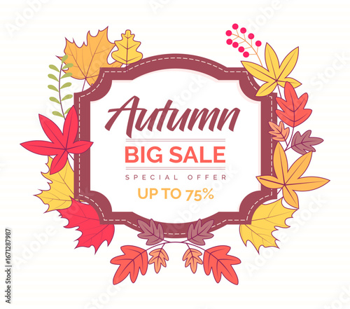 Autumn sale banner with vibrant fall leaves in orange, yellow, and red. Festive design with "Get up to 25%,50%,70% off" text, perfect for seasonal promotions, marketing, and social media campaigns.