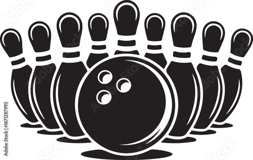 Black and white silhouette of a bowling ball and pins