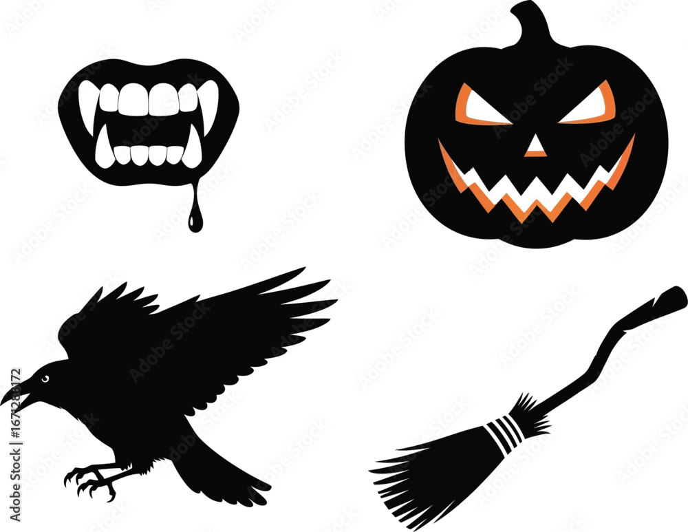 Naklejka premium Halloween silhouettes with vampire fangs, pumpkin, crow and witch broom