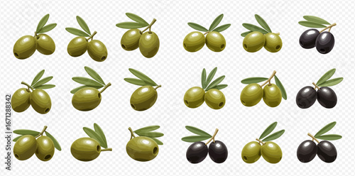 Collection of green and black olives with leaves, various arrangements.