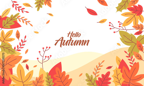 Bright autumn background with colorful fall leaves, maple, and oak branches. Perfect seasonal vector design and illustration for banners, wallpapers, Thanksgiving, and nature-themed projects.