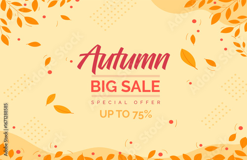 Autumn sale banner with vibrant fall leaves in orange, yellow, and red. Festive design with "Get up to 25%,50%,70% off" text, perfect for seasonal promotions, marketing, and social media campaigns.