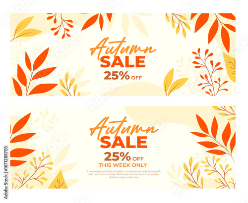Autumn sale banner with vibrant fall leaves in orange, yellow, and red. Festive design with "Get up to 25%,50%,70% off" text, perfect for seasonal promotions, marketing, and social media campaigns.