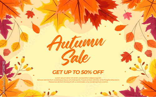 Autumn sale banner with vibrant fall leaves in orange, yellow, and red. Festive design with "Get up to 25%,50%,70% off" text, perfect for seasonal promotions, marketing, and social media campaigns.