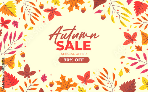 Autumn sale banner with vibrant fall leaves in orange, yellow, and red. Festive design with "Get up to 25%,50%,70% off" text, perfect for seasonal promotions, marketing, and social media campaigns.
