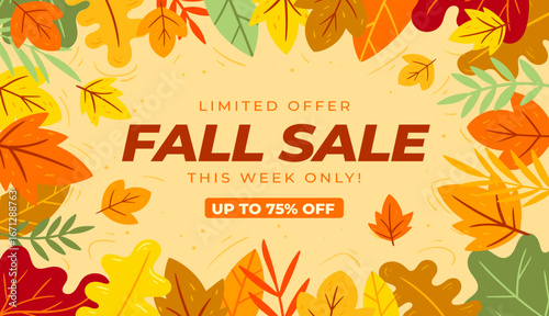 Autumn sale banner with vibrant fall leaves in orange, yellow, and red. Festive design with "Get up to 25%,50%,70% off" text, perfect for seasonal promotions, marketing, and social media campaigns.