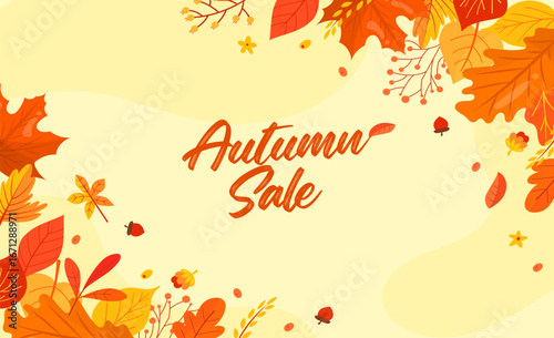 Autumn sale banner with vibrant fall leaves in orange, yellow, and red. Festive design with "Get up to 25%,50%,70% off" text, perfect for seasonal promotions, marketing, and social media campaigns.