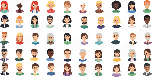 Cartoon avatars of diverse people in grid, vector character portraits with different styles, outfits, appearances, community, diversity, inclusion design