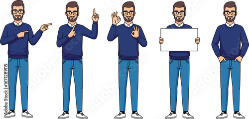 Cartoon bearded man character in five poses, gesture vector set for communication, pointing, holding sign, casual standing illustration