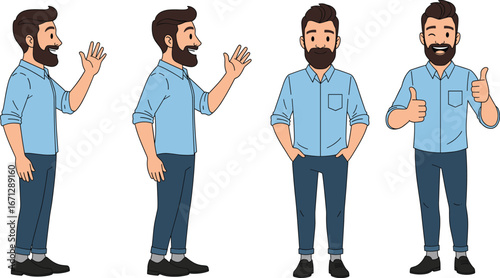 Cartoon bearded man in four poses, gesture vector set with waving, casual standing, thumbs‑up, character design illustration