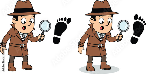 Cartoon detective examining large footprint with magnifying glass, spot‑the‑difference puzzle vector, mystery investigation, crime solving, observation skills illustration