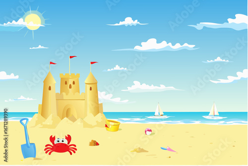 A cartoon sand castle on a sunny beach with a crab and toys