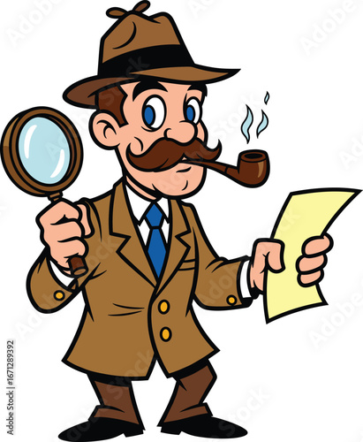 Cartoon detective in brown trench coat holding magnifying glass and paper, mystery investigation vector, crime solving, analysis, inquiry illustration