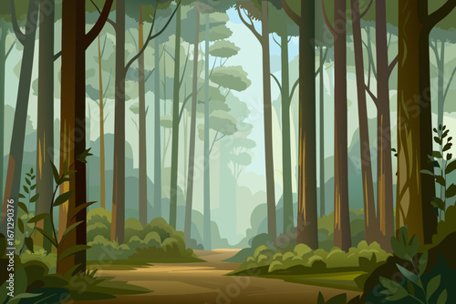 A serene forest landscape with a dirt path and tall trees in sunlight