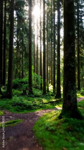 Wallpaper Mural Forest path with bright sunlight filtering through tall trees and green undergrowth Torontodigital.ca