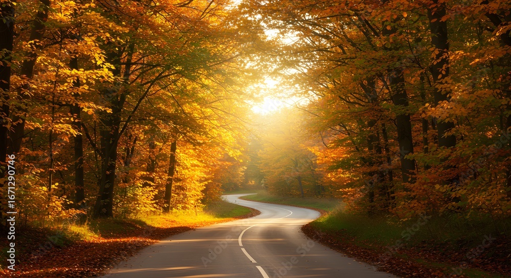 Obraz premium Autumn forest road sunlight