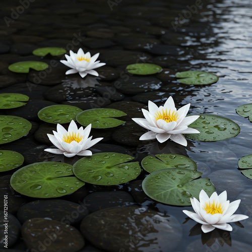 White water lilies floating on dark pond surface