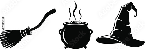 Halloween icons with broom, cauldron and witch hat for holiday decoration and celebration design