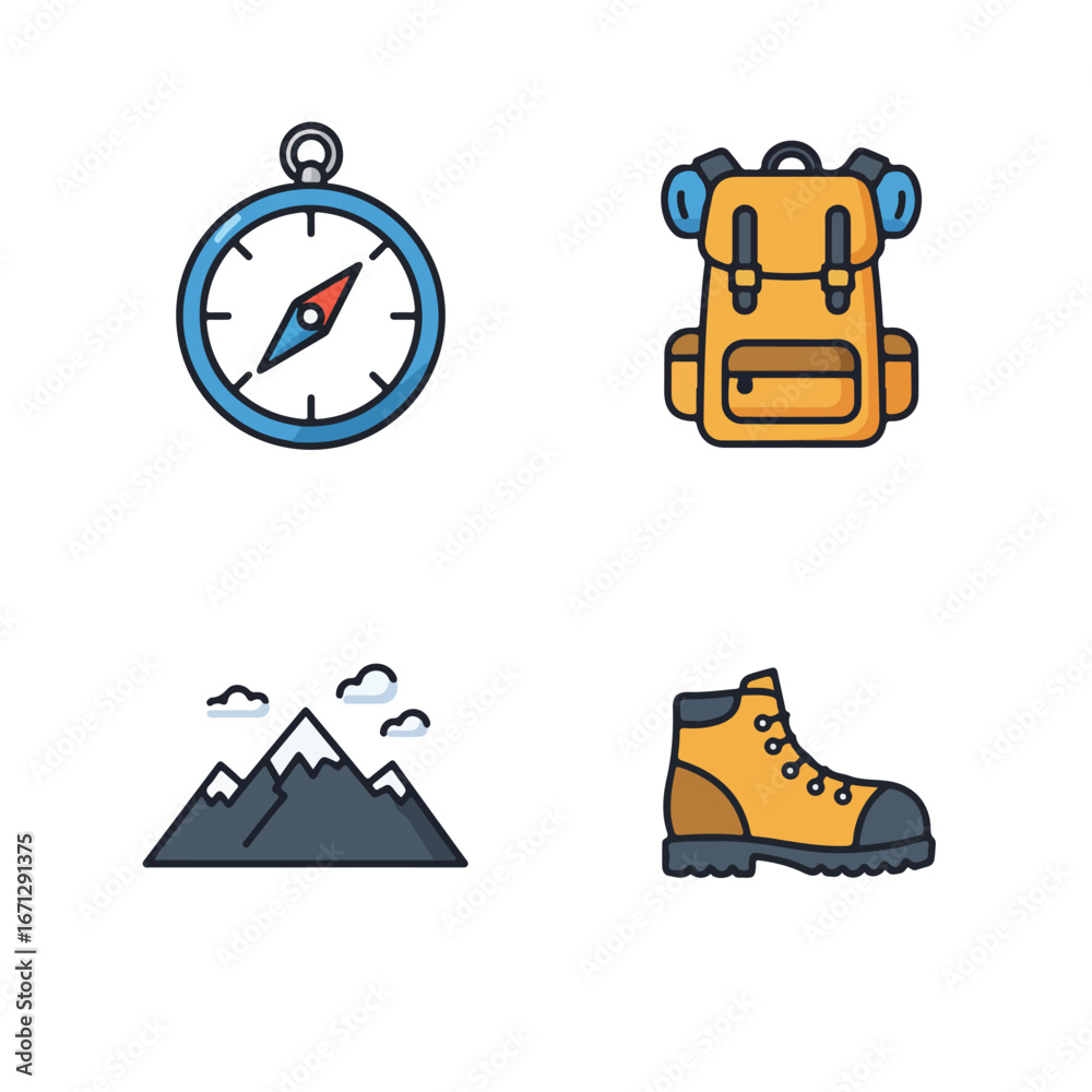 Fototapeta premium Hiking set compass, backpack, mountains, boot