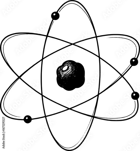 Atomic structure with nucleus and orbiting electrons, with hand-drawn style
