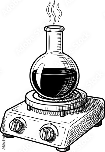 Laboratory hotplate stirring a flask mixture, with hand-drawn style