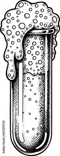 Chemical reaction in test tube with foam overflow, with hand-drawn style