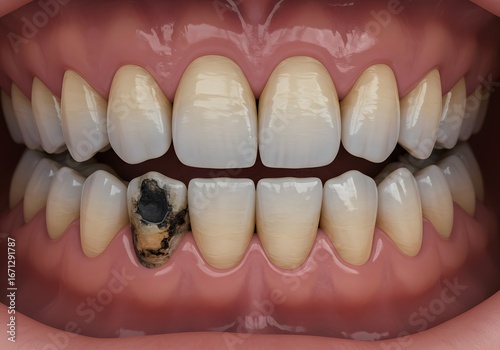 Close-up View of Severely Decayed Teeth and Unhealthy Gums in Dark, Unpleasant Light to Highlight Poor Oral Health and Diet Issues