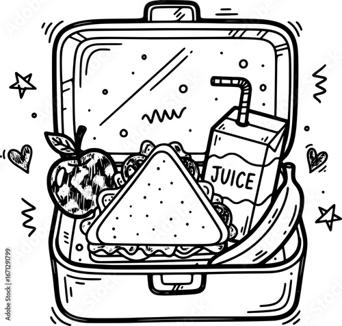 Classic lunchbox with sandwich and apple inside, with hand-drawn style