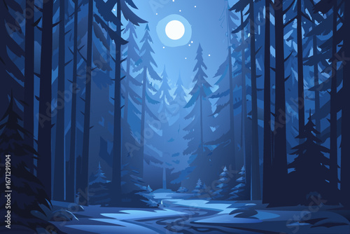 A serene moonlit forest with tall trees and a winding path inside