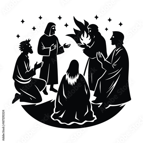 Jesus and disciples at night praying vector silhouette on white background