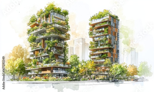 Sketch of a sustainable residential complex with green roofs, vertical gardens, and rainwater harvesting systems, promoting eco-friendly living, Generative AI
