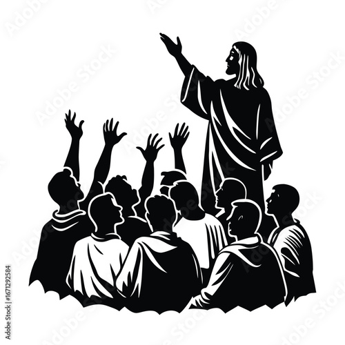 Jesus raising hand during sermon vector silhouette on white background