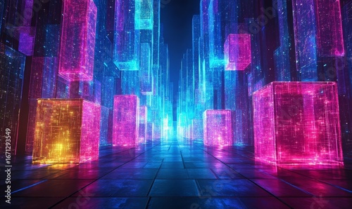 Digital transformation concept featuring glowing 3D cubes, highlighting innovation, connectivity, and futuristic technology in a rapidly evolving digital landscape, Generative AI
