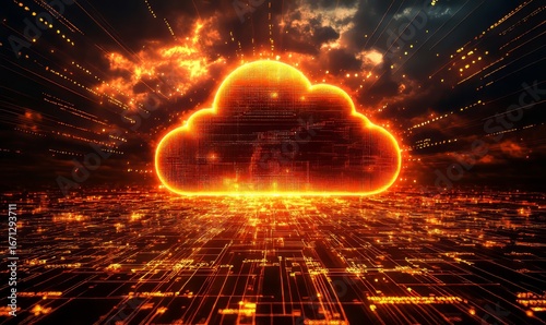 Cloud analytics concept visualized by abstract data bars and charts on a dark digital background, showcasing the dynamic distribution of information and the power of data-driven, Generative AI