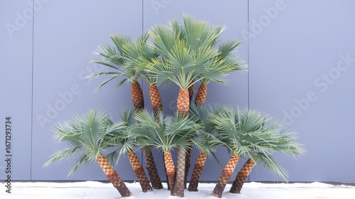 A cluster of evergreen palm trees stands tall against a gray wall, unaffected by freezing winds and snow. These terrestrial plants bring a touch of tropical warmth to the cold surroundings
