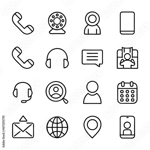 Black outline icons depicting communication, meetings, contact, location and planning are arranged in a grid