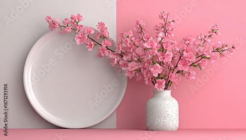 Pink cherry blossoms in a vase, styled on a white plate