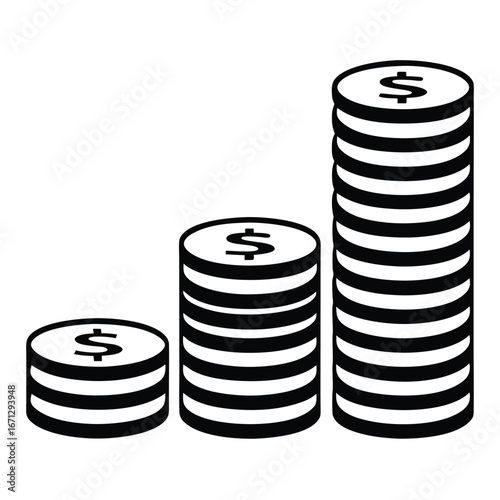 Black and white money coins in sequential stacks show increasing financial growth trend