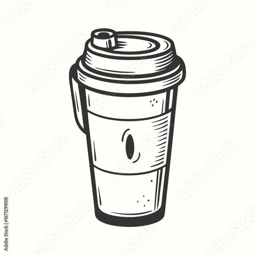Handdrawn monochrome coffee cup with lid and holder appears vintage inspired