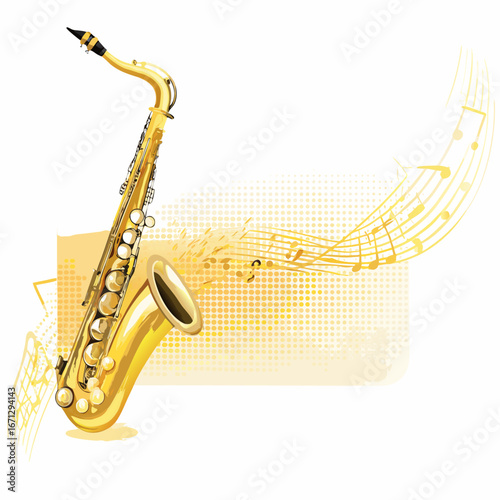 A shiny gold saxophone with musical notes and a grid pattern background