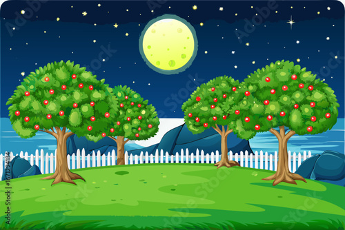 A serene nighttime scene with trees and a moonlit sky by the ocean