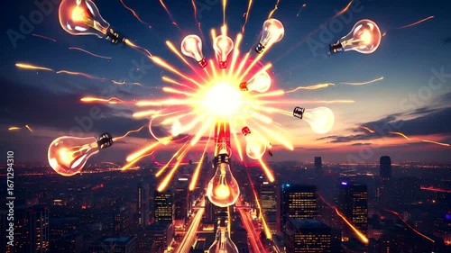 Inspiring city skyline with light bulbs symbolizing ideas and innovation, illuminating the future
