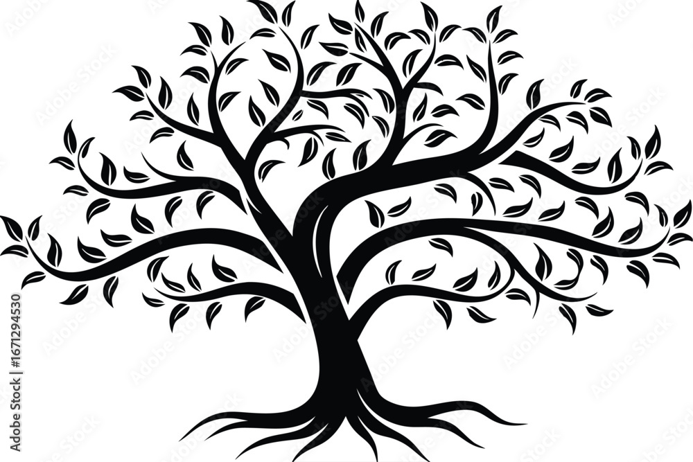 Obraz premium Bold black tree silhouette displays strong roots and elegant leafy branches gracefully extending upwards