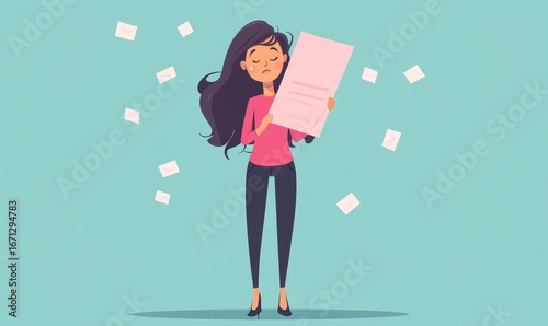 Cartoon-style, laid-off female businessperson with a pink slip concept, depicting the emotional challenges of losing a job due to performance or financial issues, Generative AI