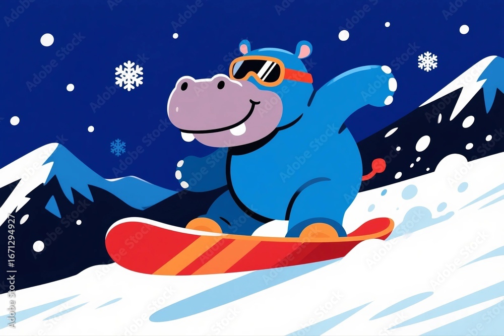 Fototapeta premium Cool Blue Hippo Snowboarding Down Mountain Slope
