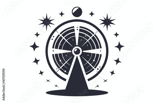 Black and white line art showcases an abstract space station silhouette with twinkling stars