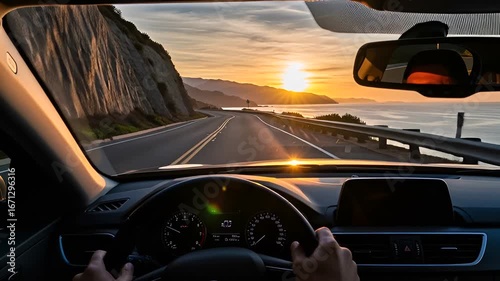 Scenic road trip at sunset on coastal highway, driving with ocean view and sun setting over the