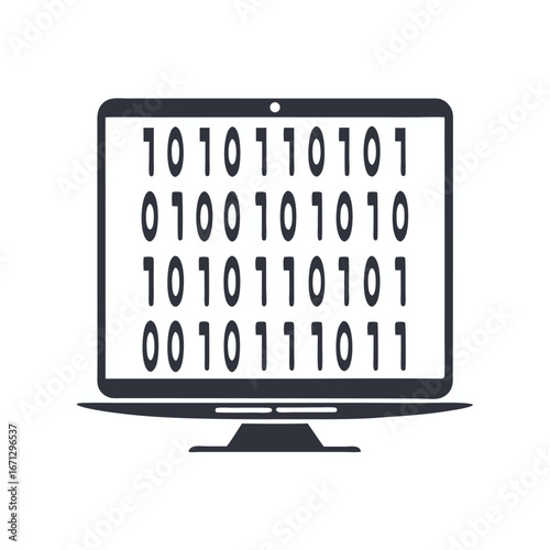 Isolated computer shows a screen filled with dark binary code and numbers on a white backdrop