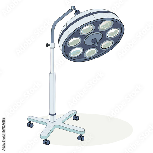 An operating room light on a wheeled stand against a white background
